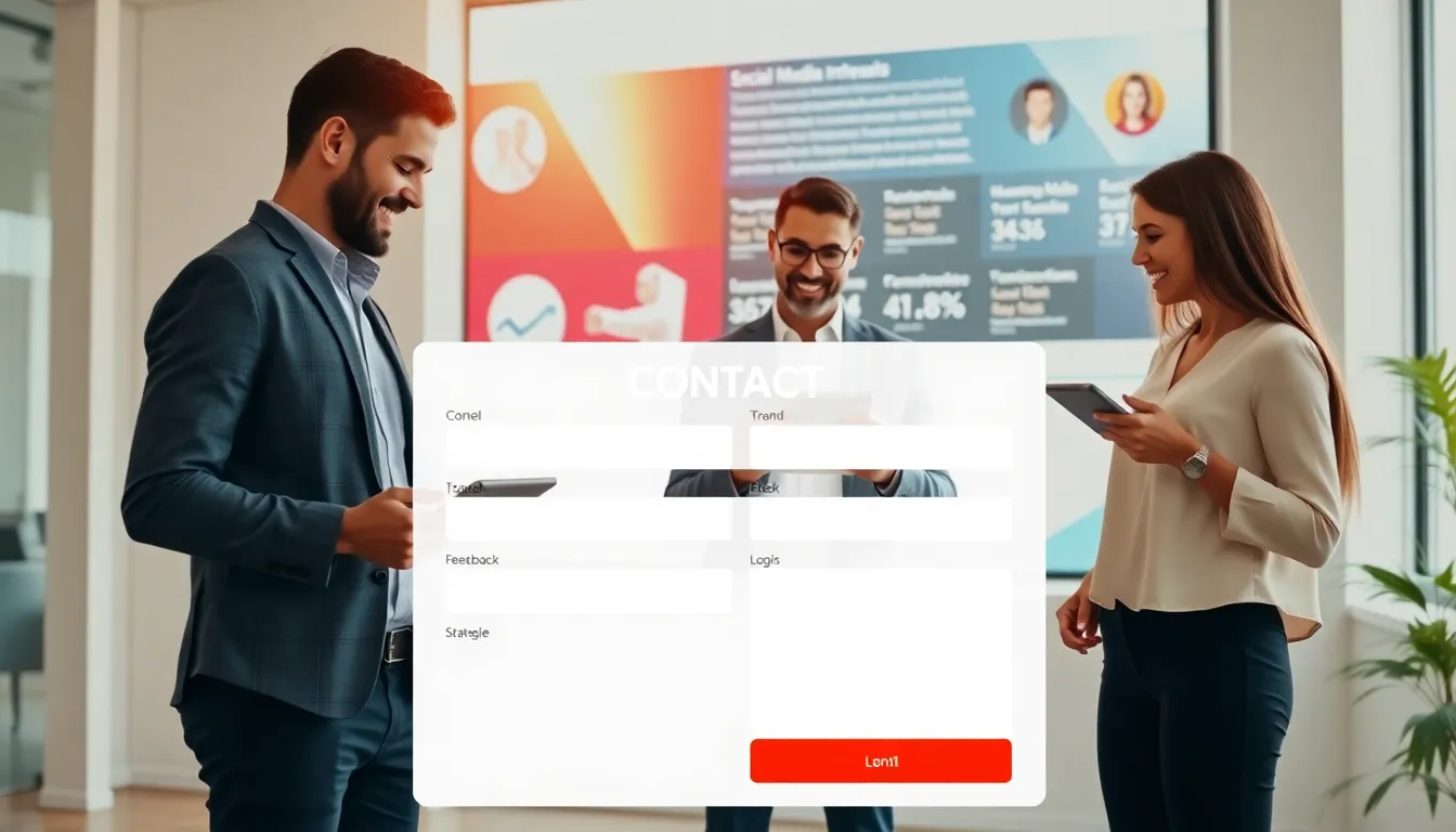 modern contact page design with diverse professionals engaging in a bright office.