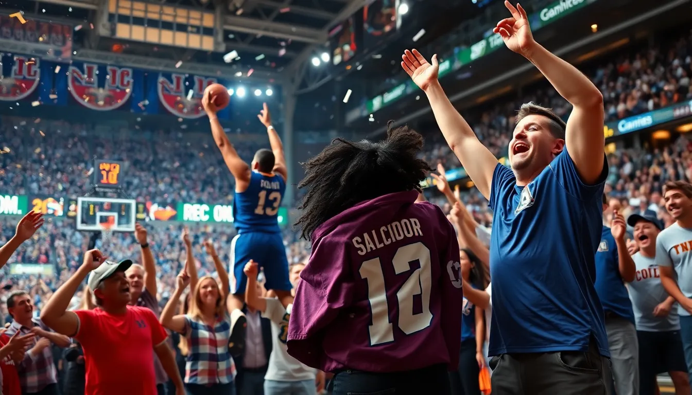 Fans cheering wildly as a player scores a buzzer-beater in a packed arena.