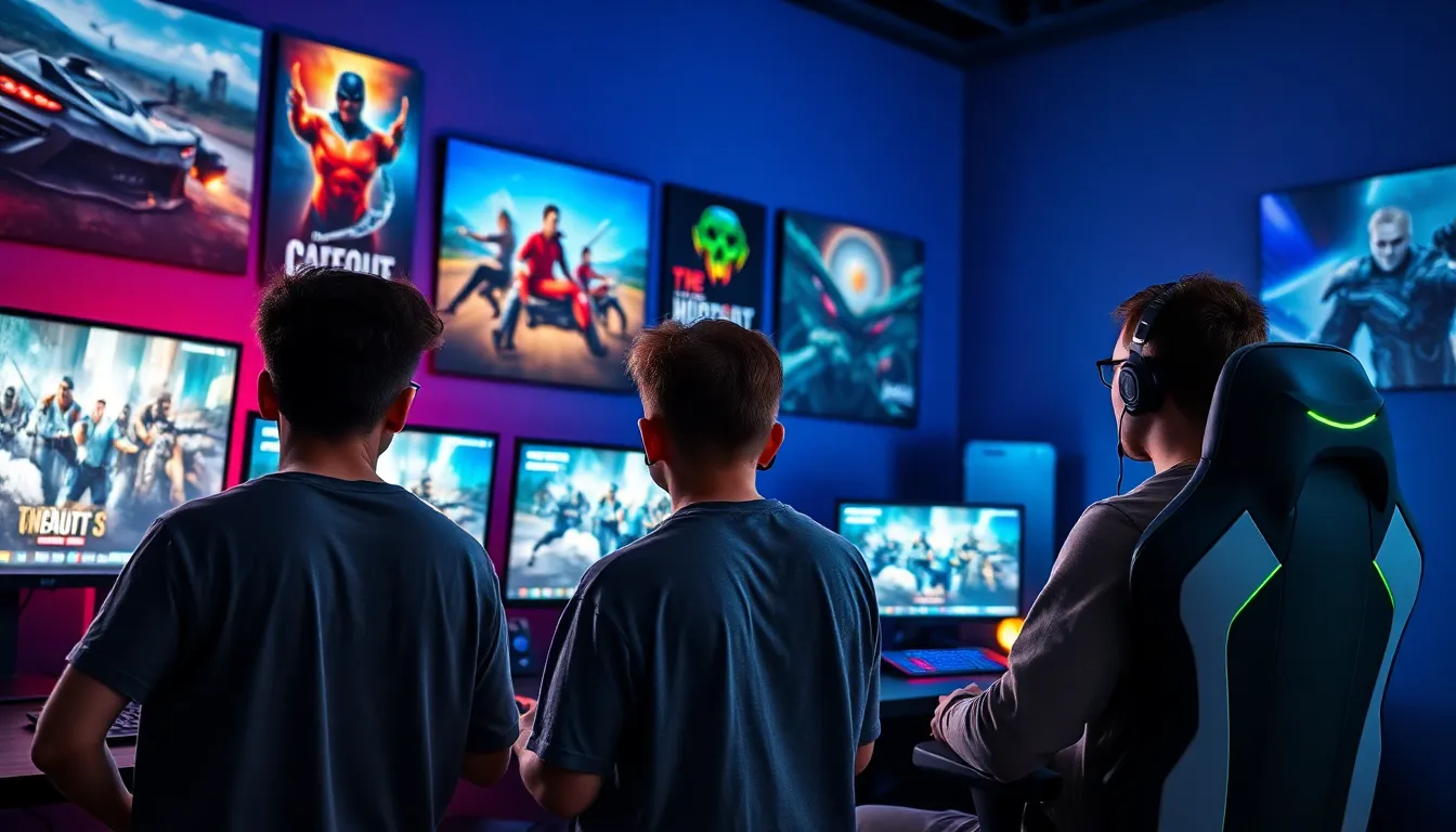diverse group of gamers in a modern workspace engaged with screens.