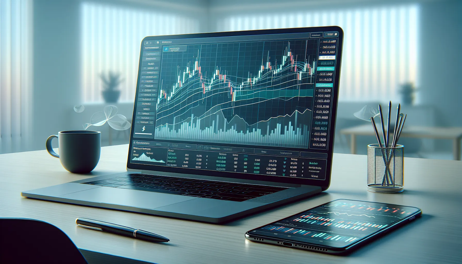 Laptop displaying Pionex grid bot trading interface with chart and configuration settings.