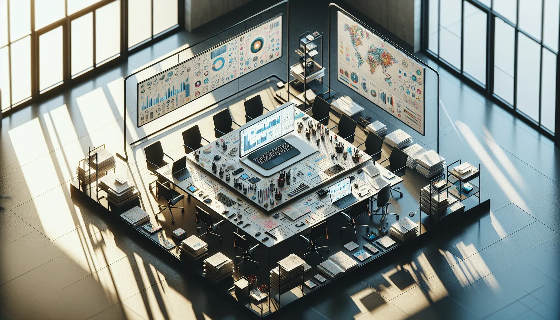 A desk with a laptop and documents in a modern professional workspace.