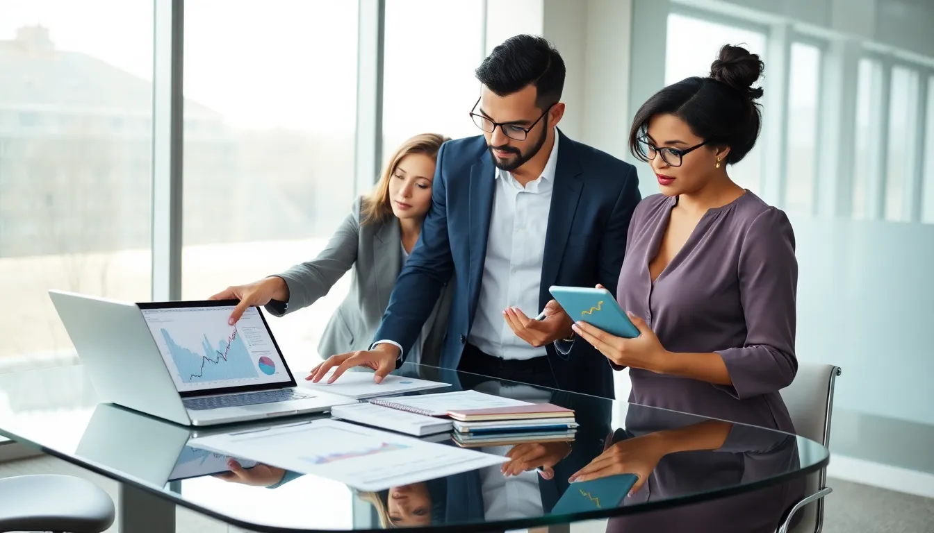diverse team discussing financial strategies in a modern office.