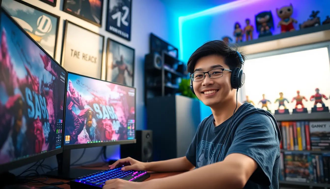 A gamer enjoying a dual-monitor setup in a colorful home office.