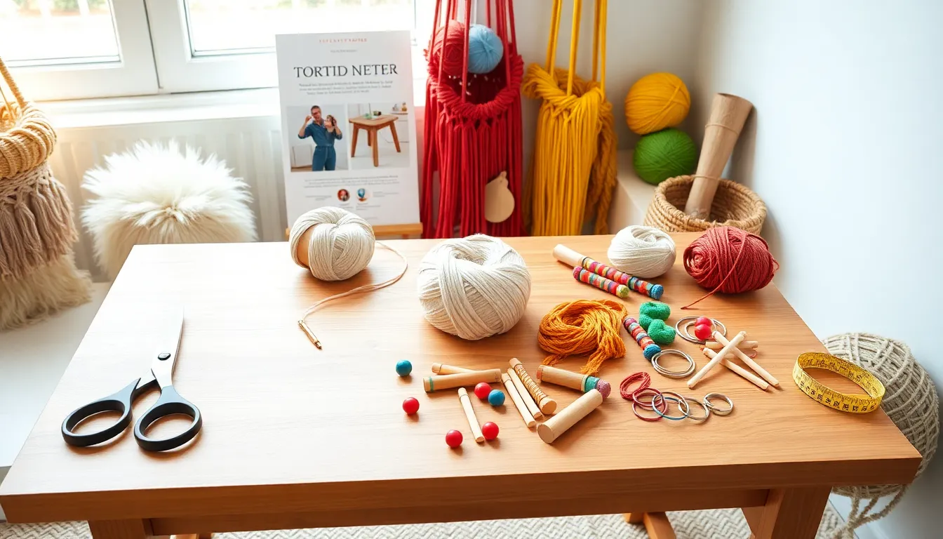 workshop scene with macrame materials and tools for beginners.