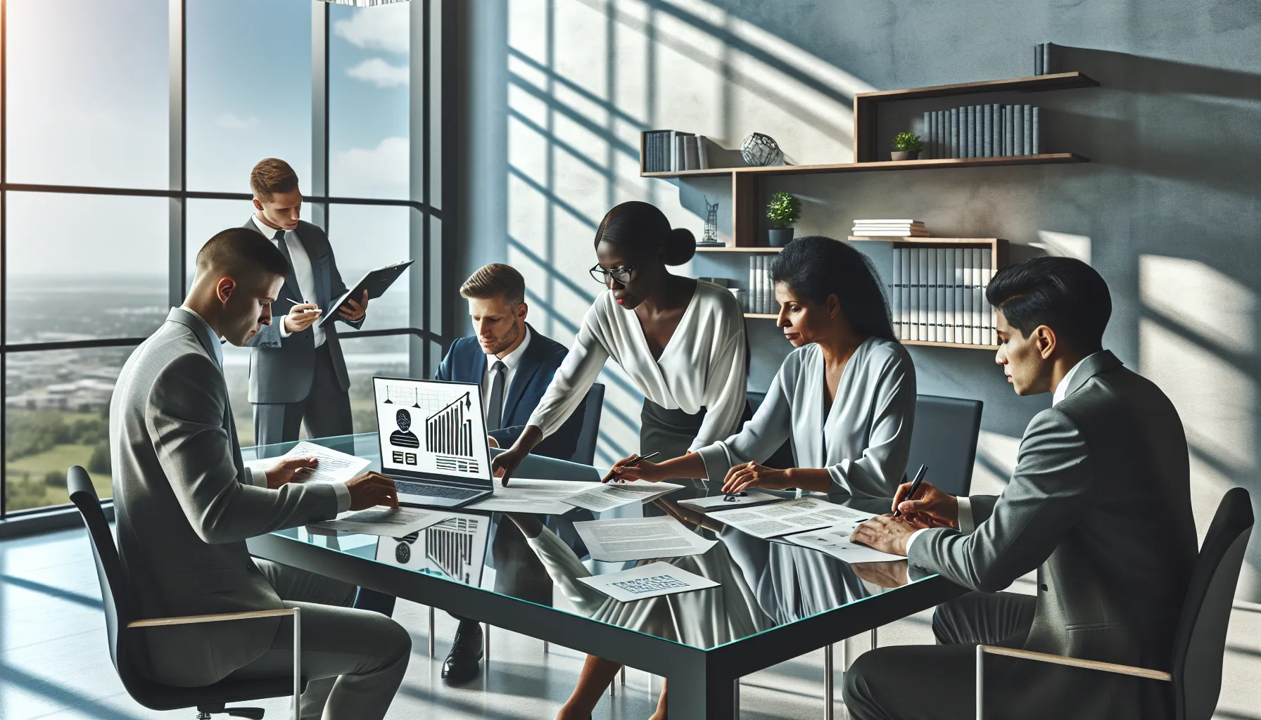 professionals discussing financial transactions in a modern office.