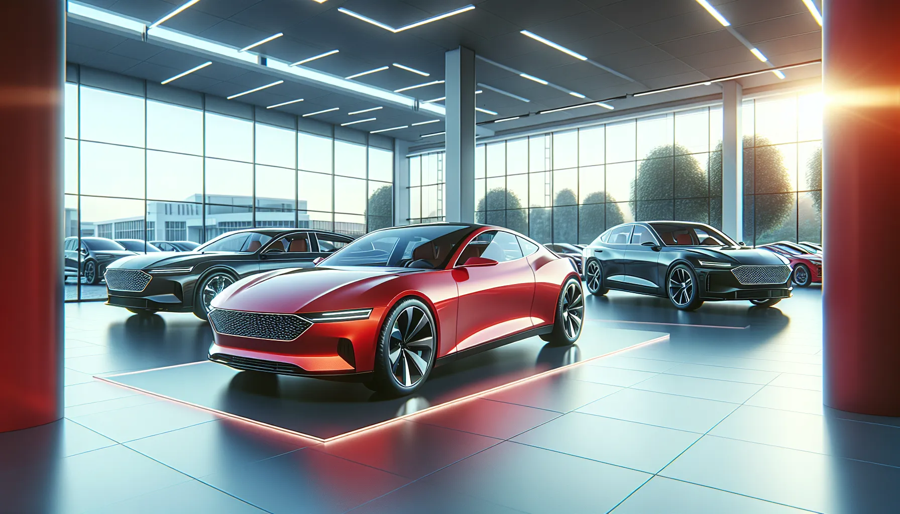 A red coupe and a black sedan displayed in a dealership showroom.