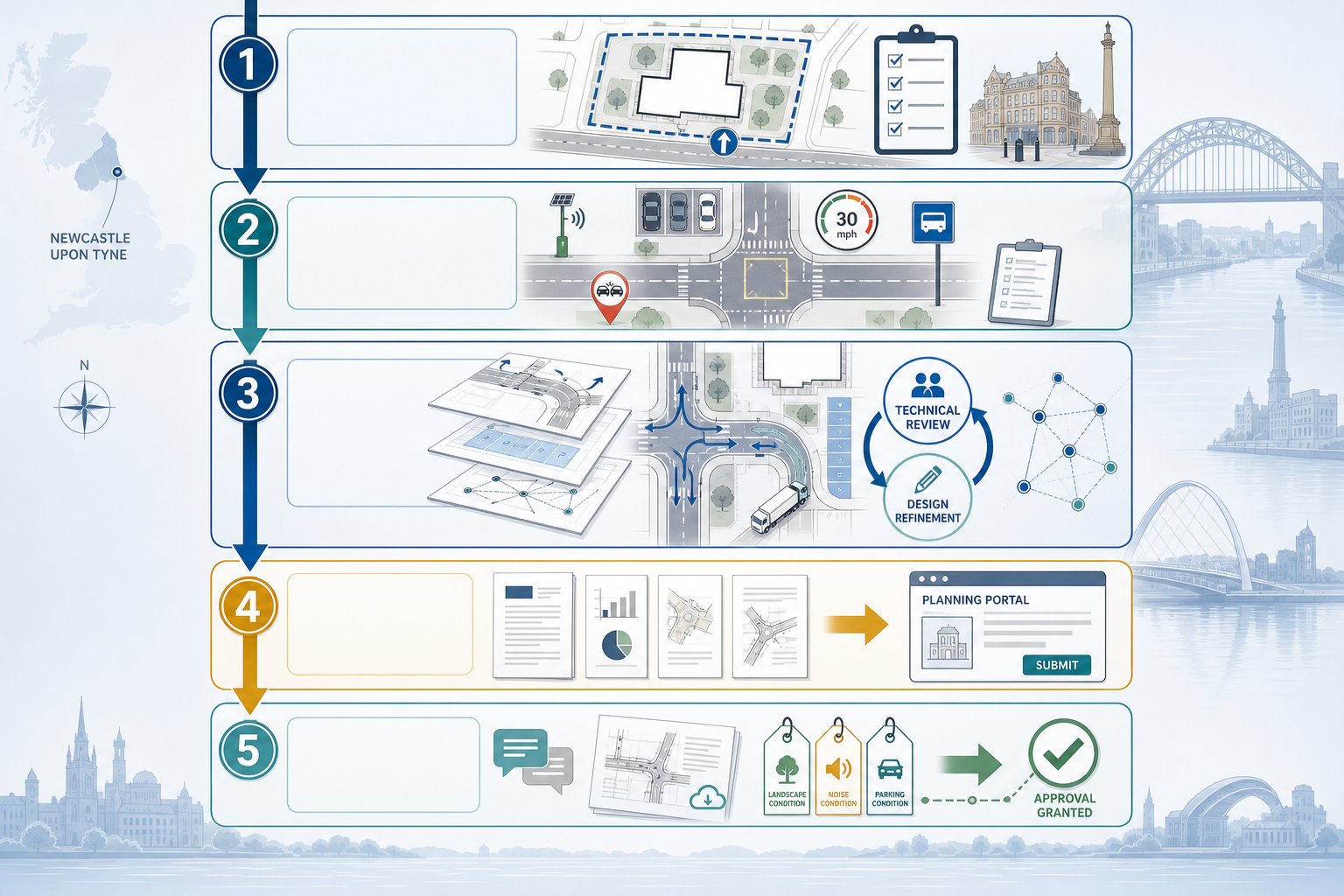 Five-stage traffic engineering process infographic for planning support in Newcastle.