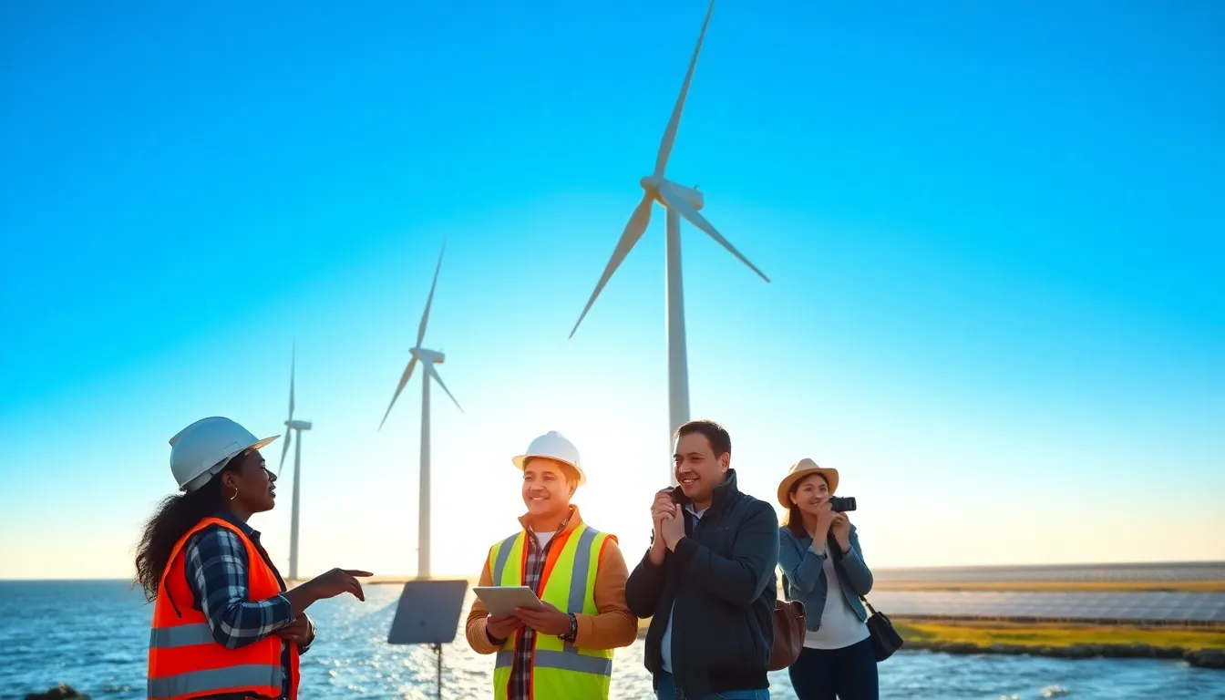 engineers discussing an offshore wind farm with rotating turbines in the background.