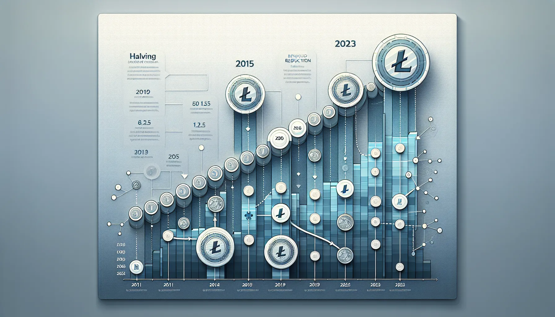 Vertical timeline showing Litecoin halving events and decreasing block rewards from 2011 to 2023.