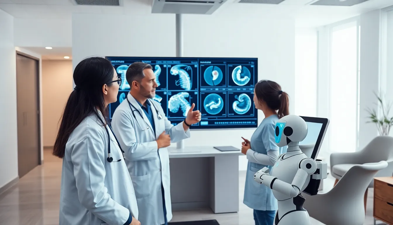 healthcare professionals analyzing AI diagnostic images in a modern setting.