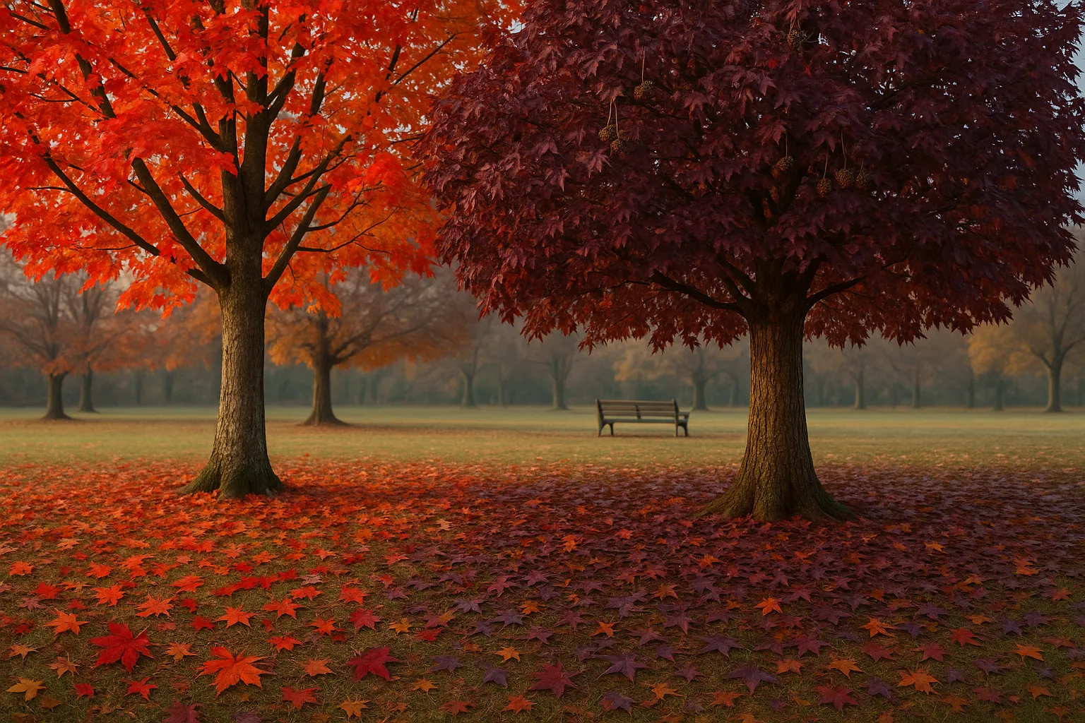 a red maple and a sweetgum side-by-side in vivid fall color