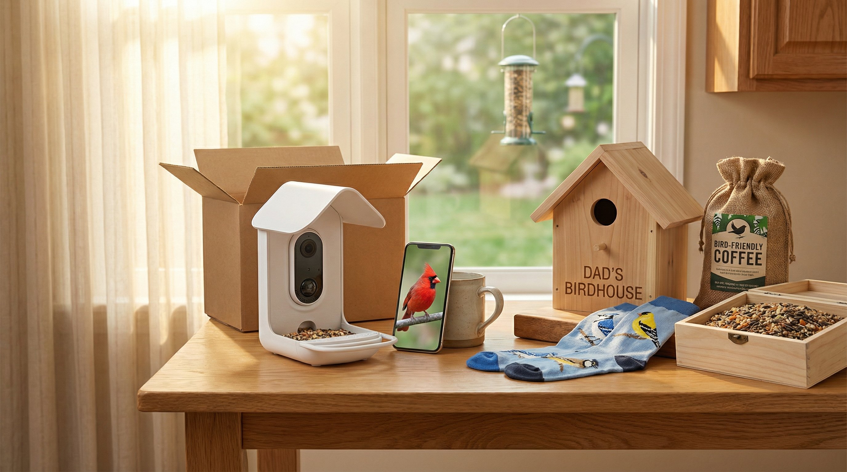 Father's Day bird lover gifts including a smart feeder, birdhouse, and birding socks on a table.