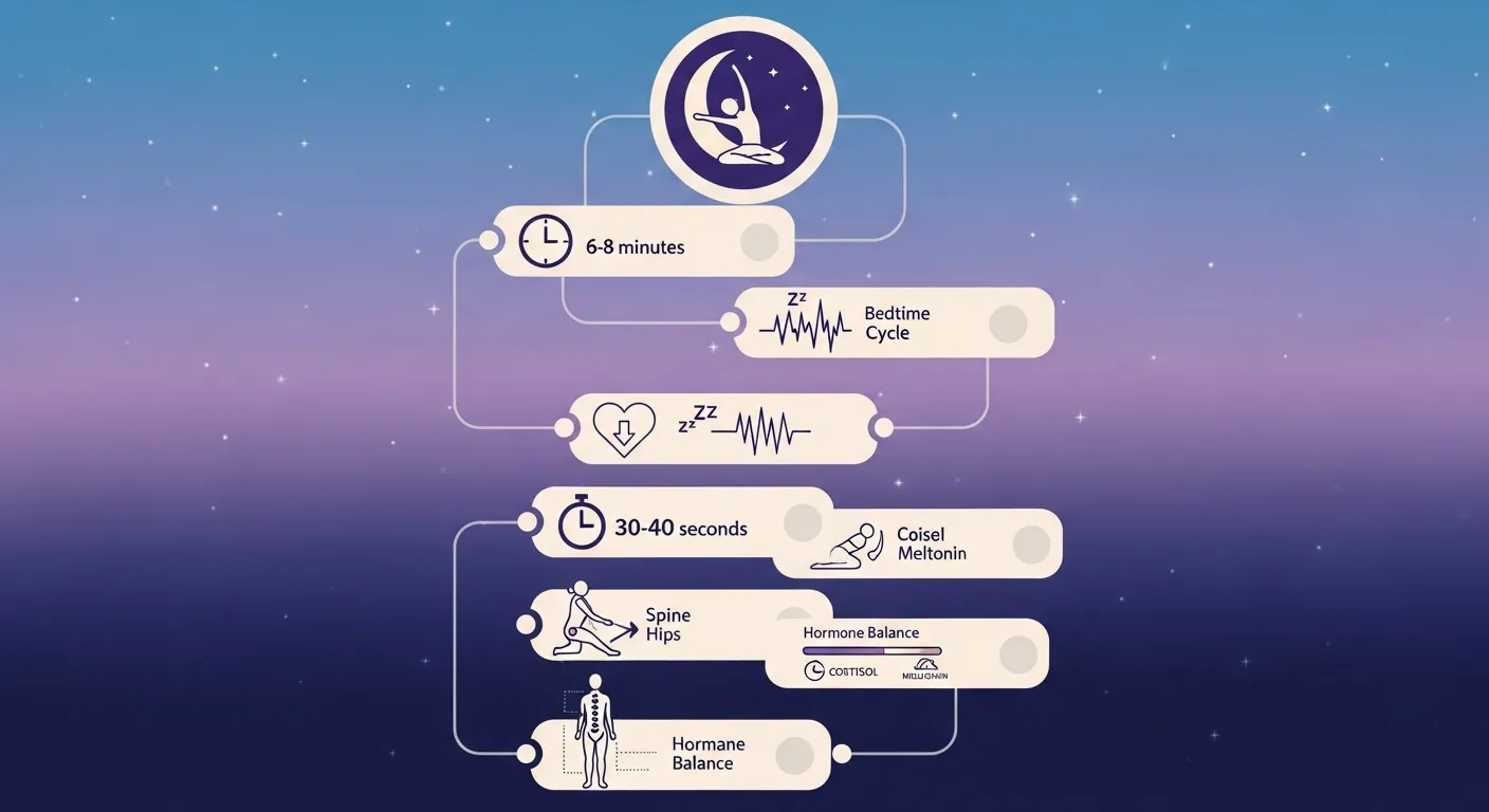 Infographic showing bedtime stretching benefits with sleep and relaxation icons.