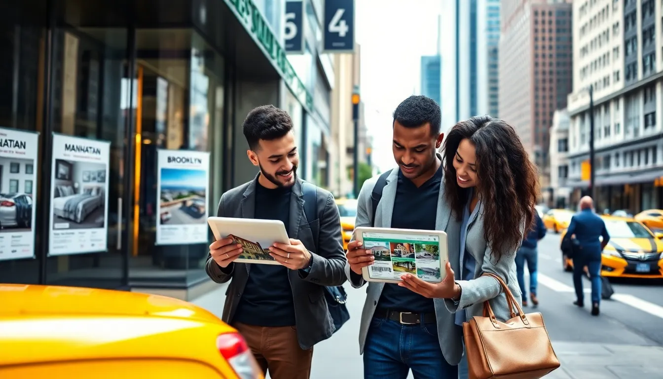diverse couple discussing NYC real estate options in an urban setting.