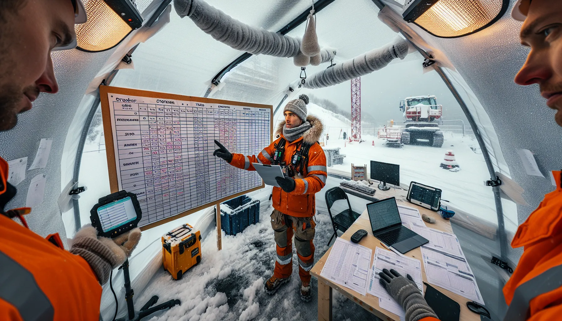 Site manager reviews winter plan with weather forecast and safety checklist.
