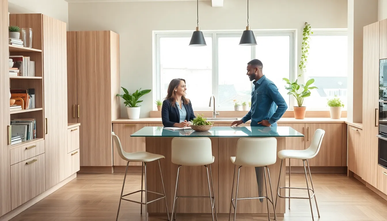 modern Ikea kitchen with diverse professionals discussing design ideas.