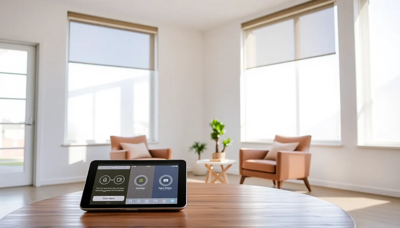 a modern living room with smart blinds controlling light and privacy.
