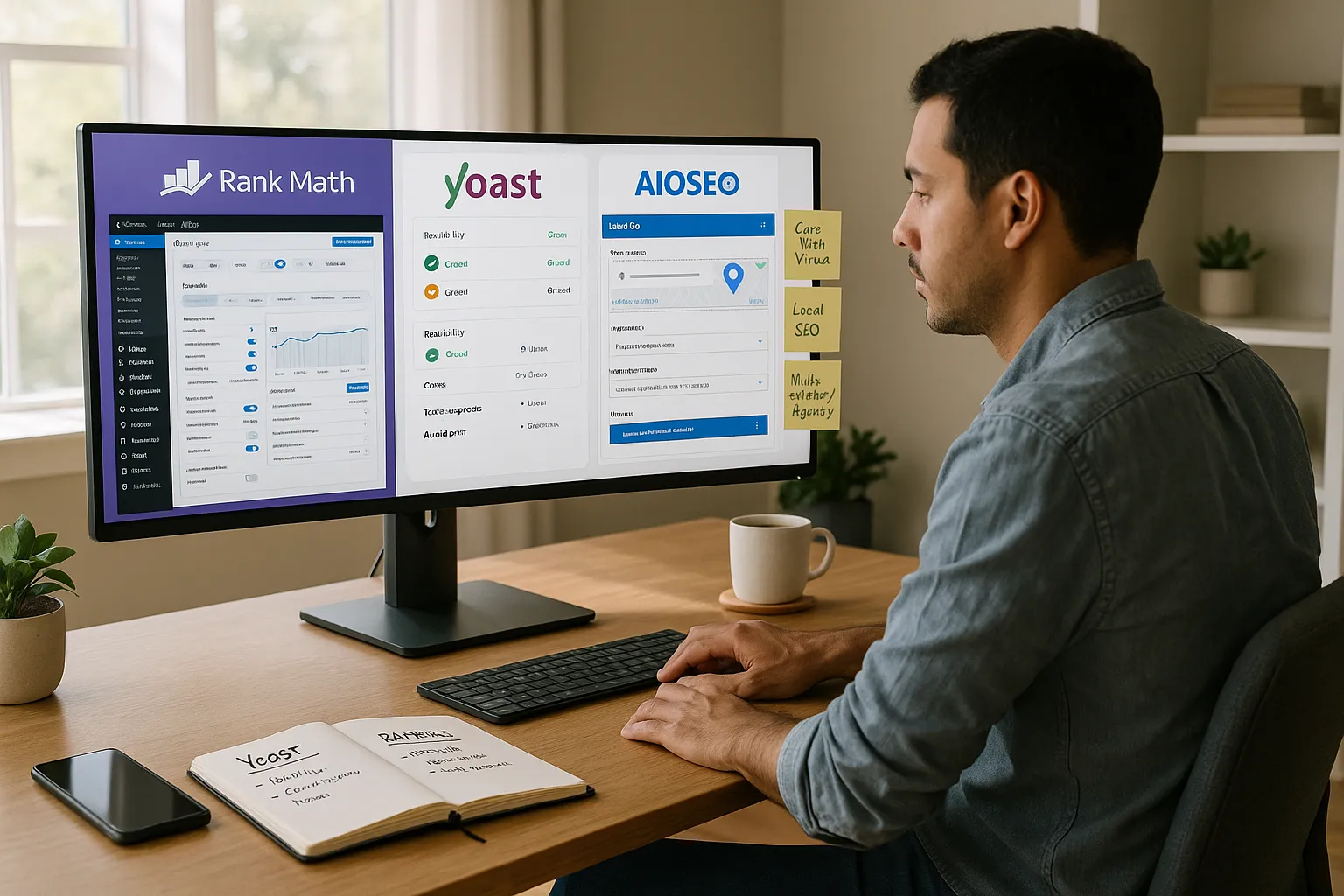Person comparing Rank Math, Yoast, and AIOSEO plugins on a WordPress dashboard.