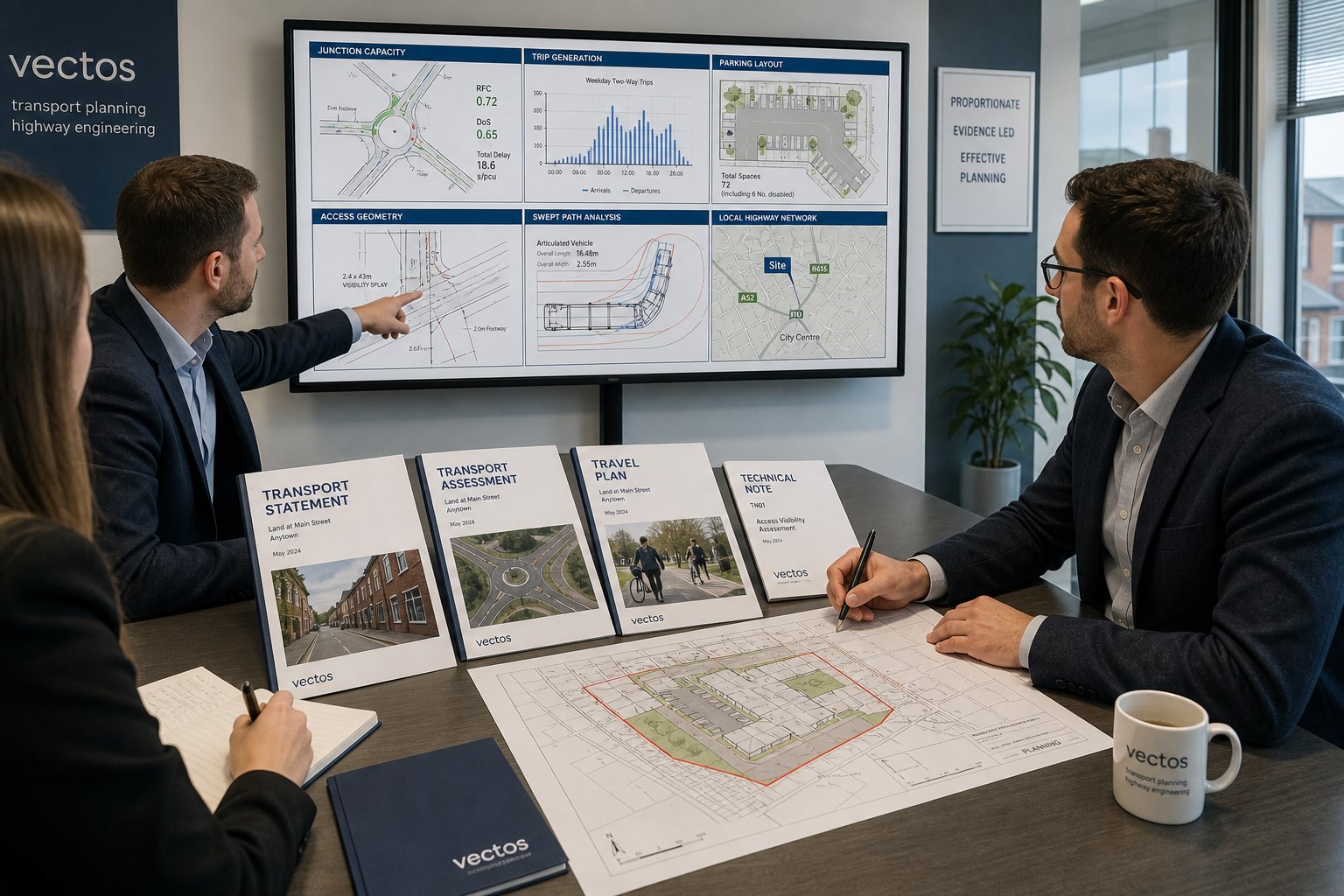 Highway engineering consultants reviewing transport planning reports in a modern UK office.