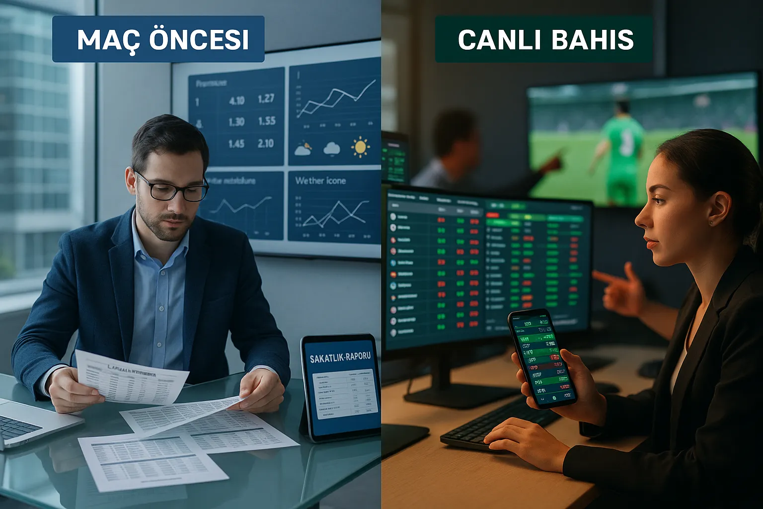 Split-screen showing calm pre-match analysis and fast-paced live betting operation.