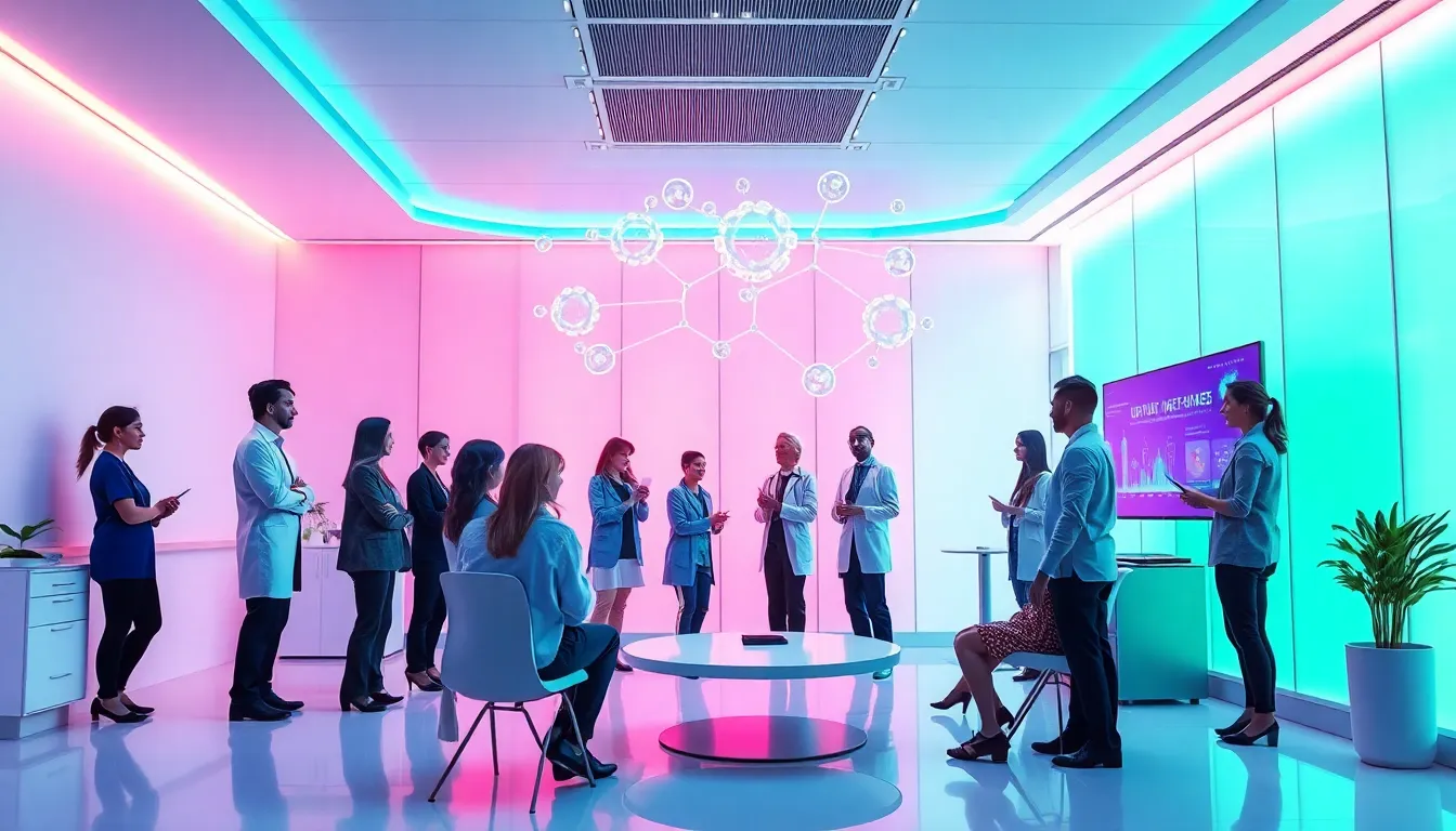 modern wellness space with neon lights and healthcare professionals.