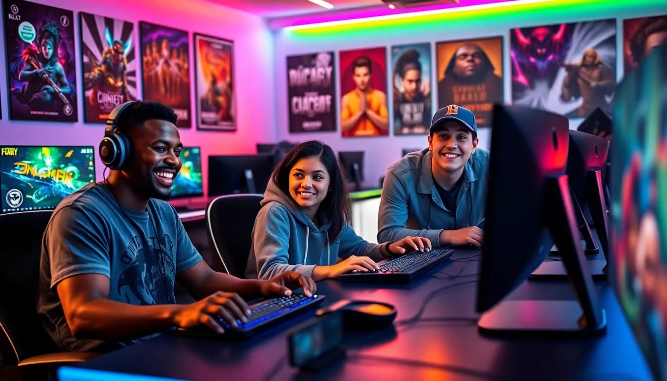 a diverse group of gamers enjoying online games in a tech-savvy environment.