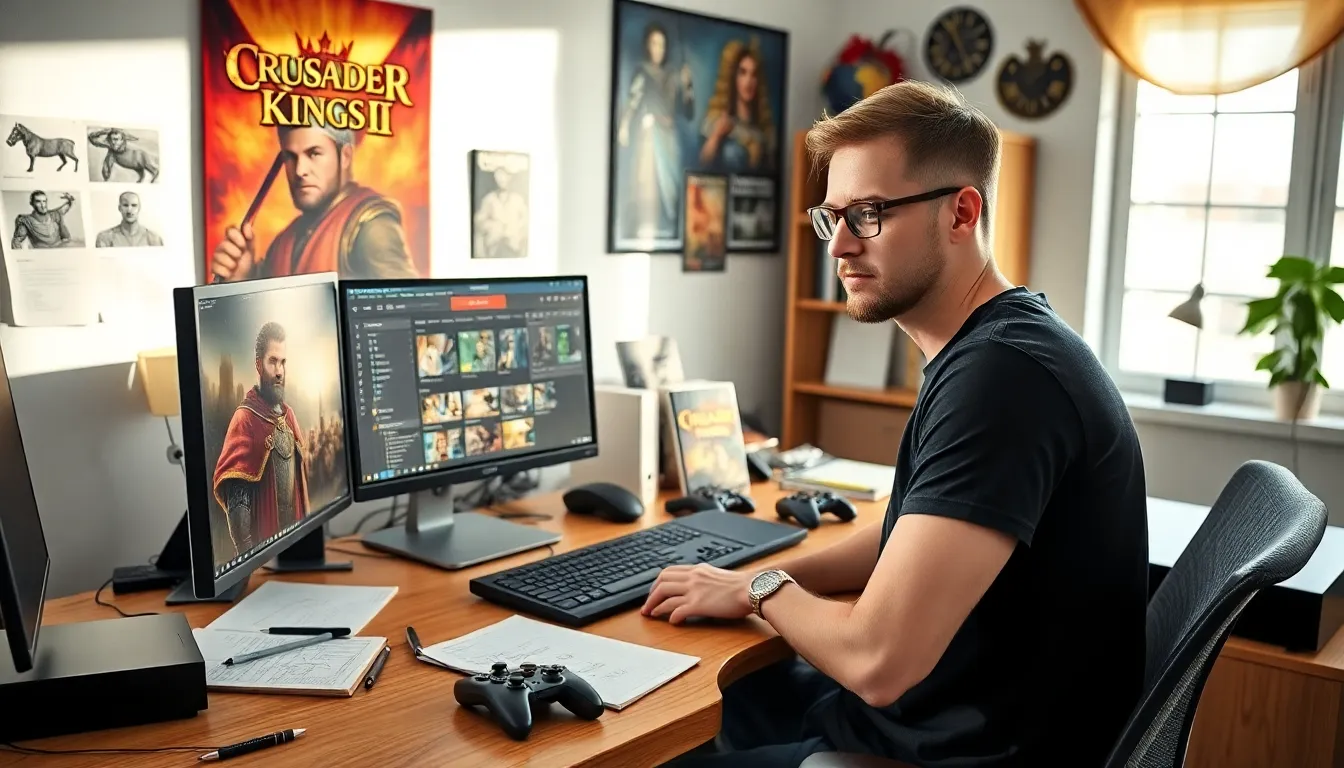 A game developer working on Ck2Generator in a brightly lit office.