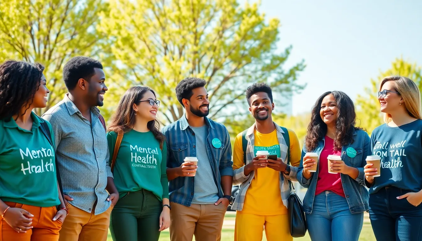 diverse group promoting mental health awareness in a park.