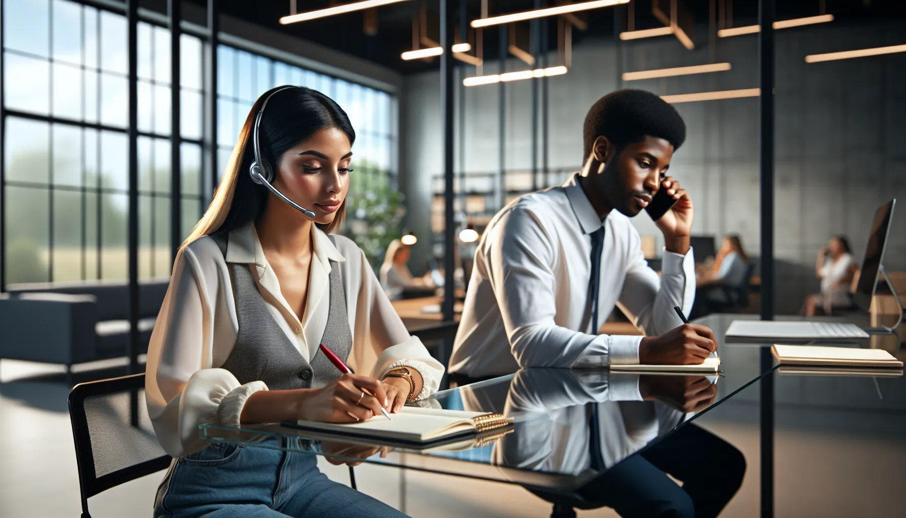 diverse team assisting customers in a modern office setting.