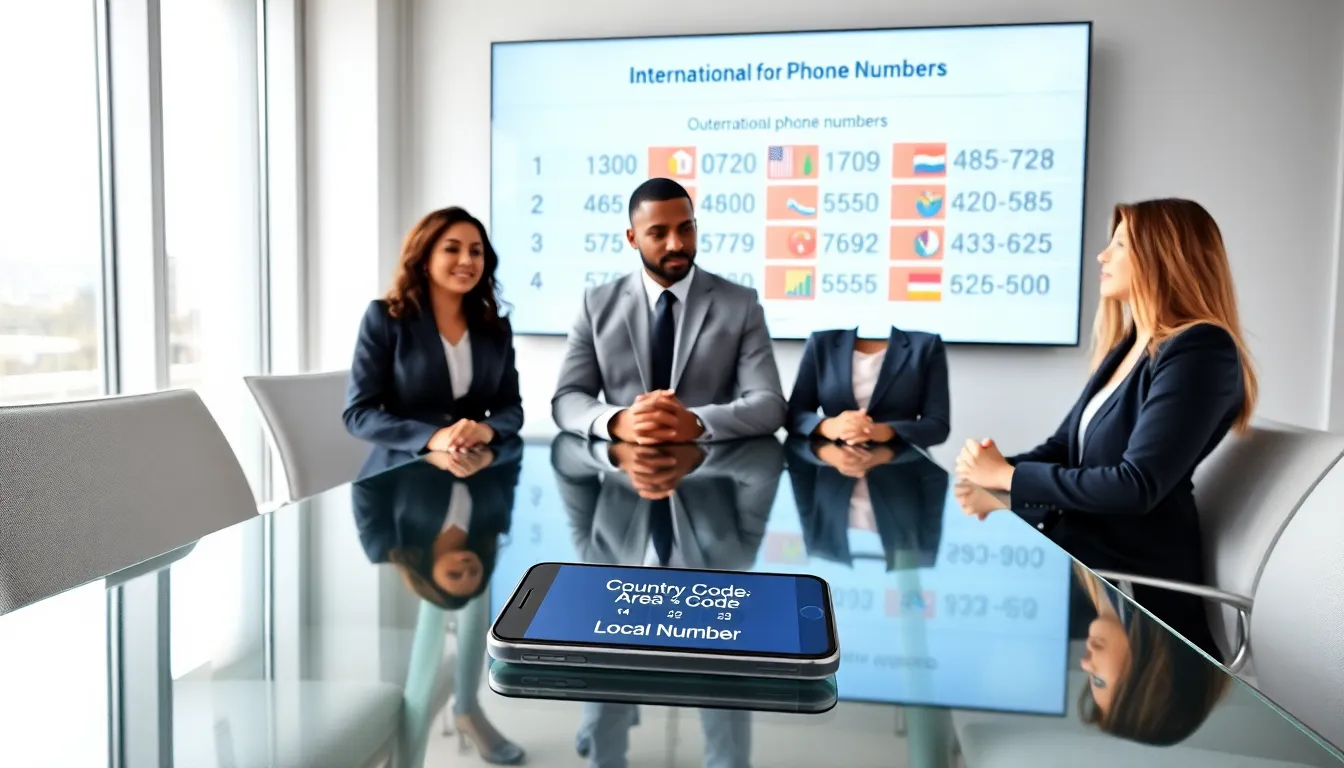 diverse professionals discussing phone number formats in a modern office.