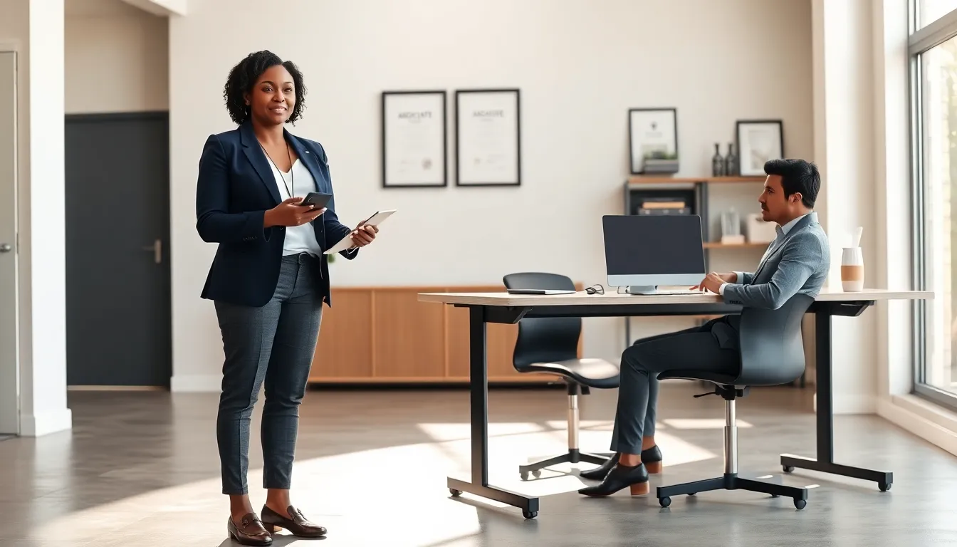 A smiling associate in an office holding a tablet while talking to a colleague.