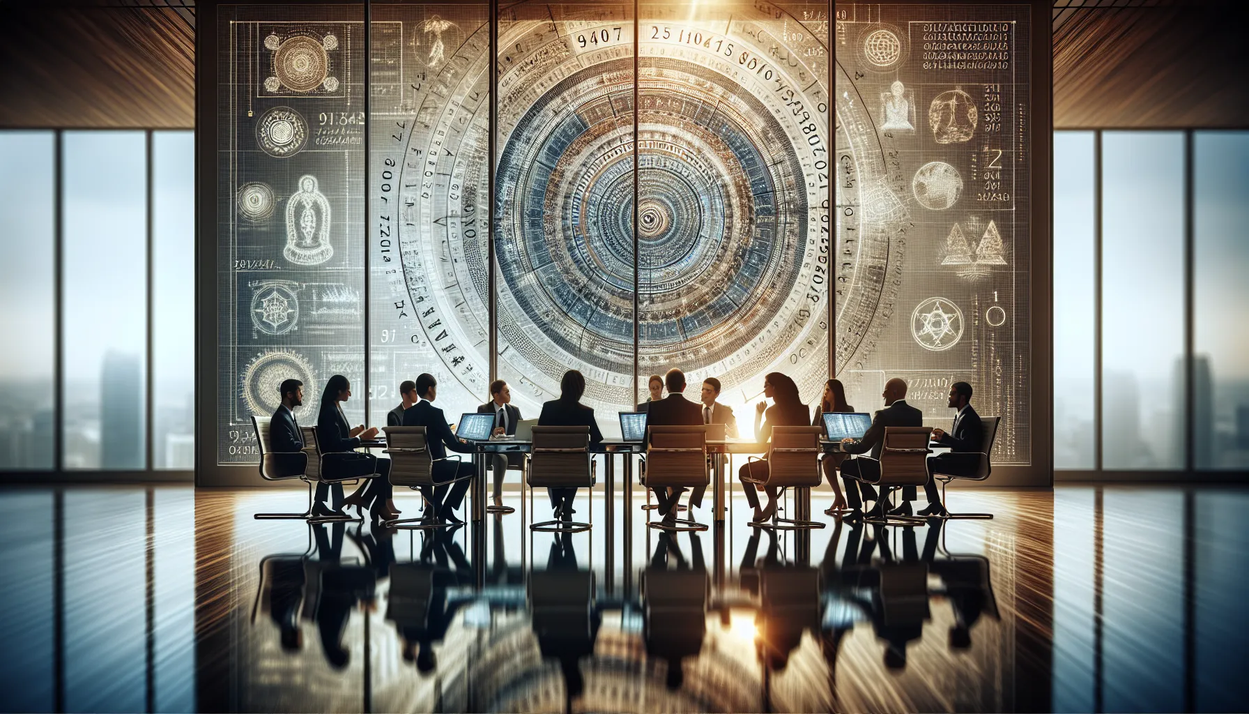 diverse professionals discussing historical significance in a modern office.