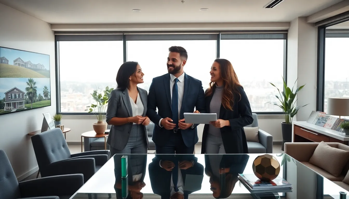real estate agent assisting clients in a modern office setting.