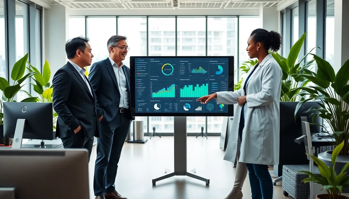professionals discussing energy management solutions in a modern office.