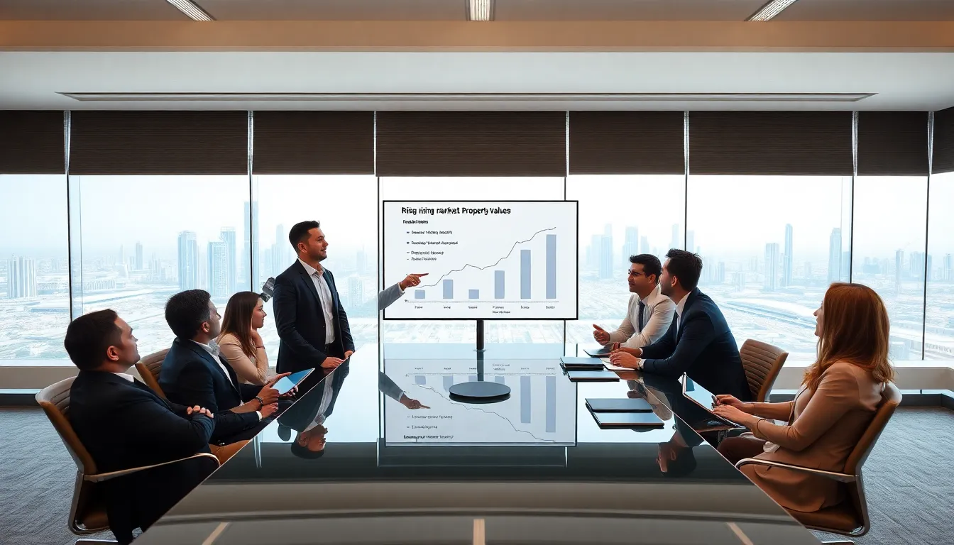 professionals discussing Dubai real estate investment in a modern office setting.