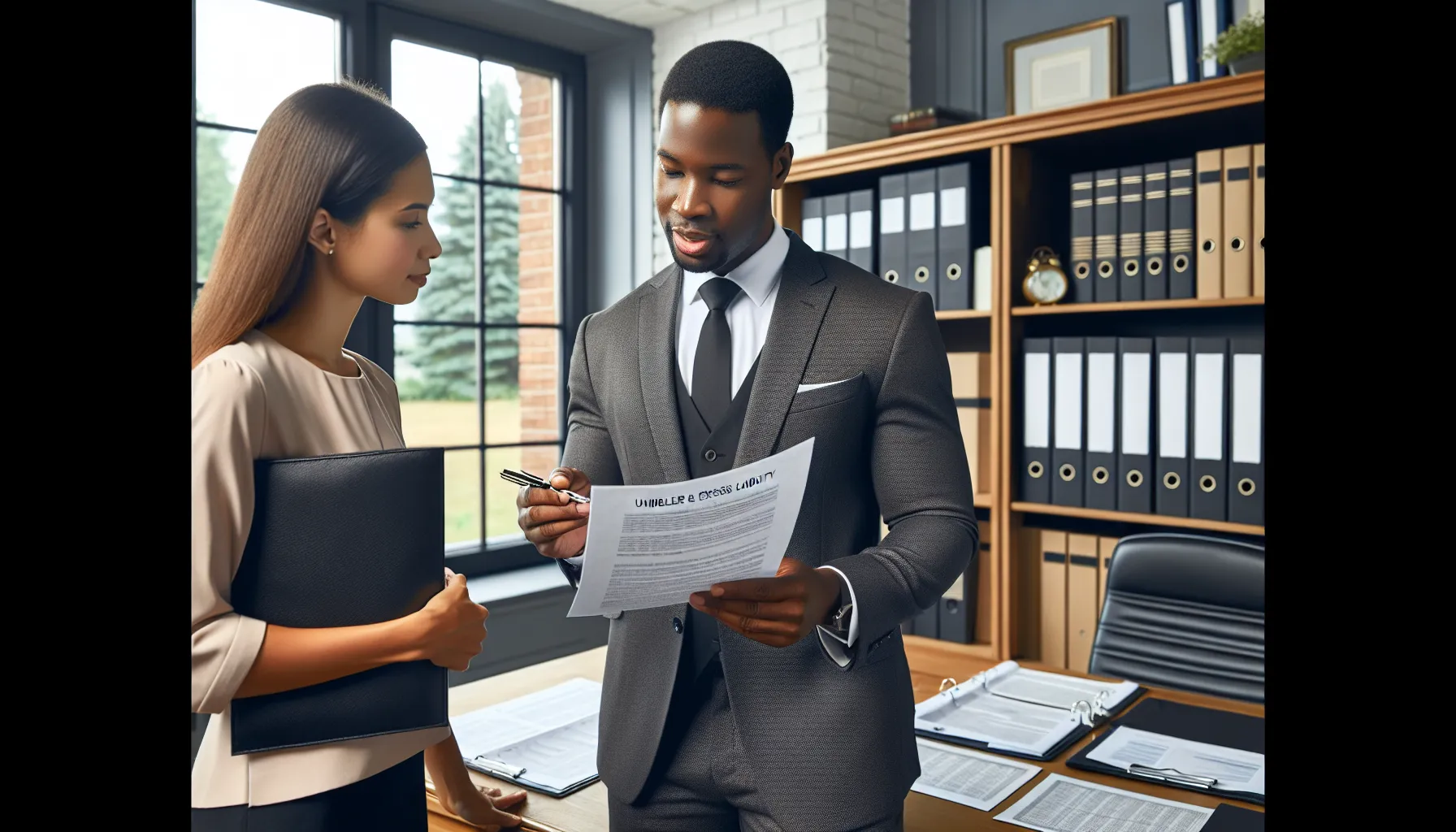 A financial advisor explains insurance policies to a client in an office.