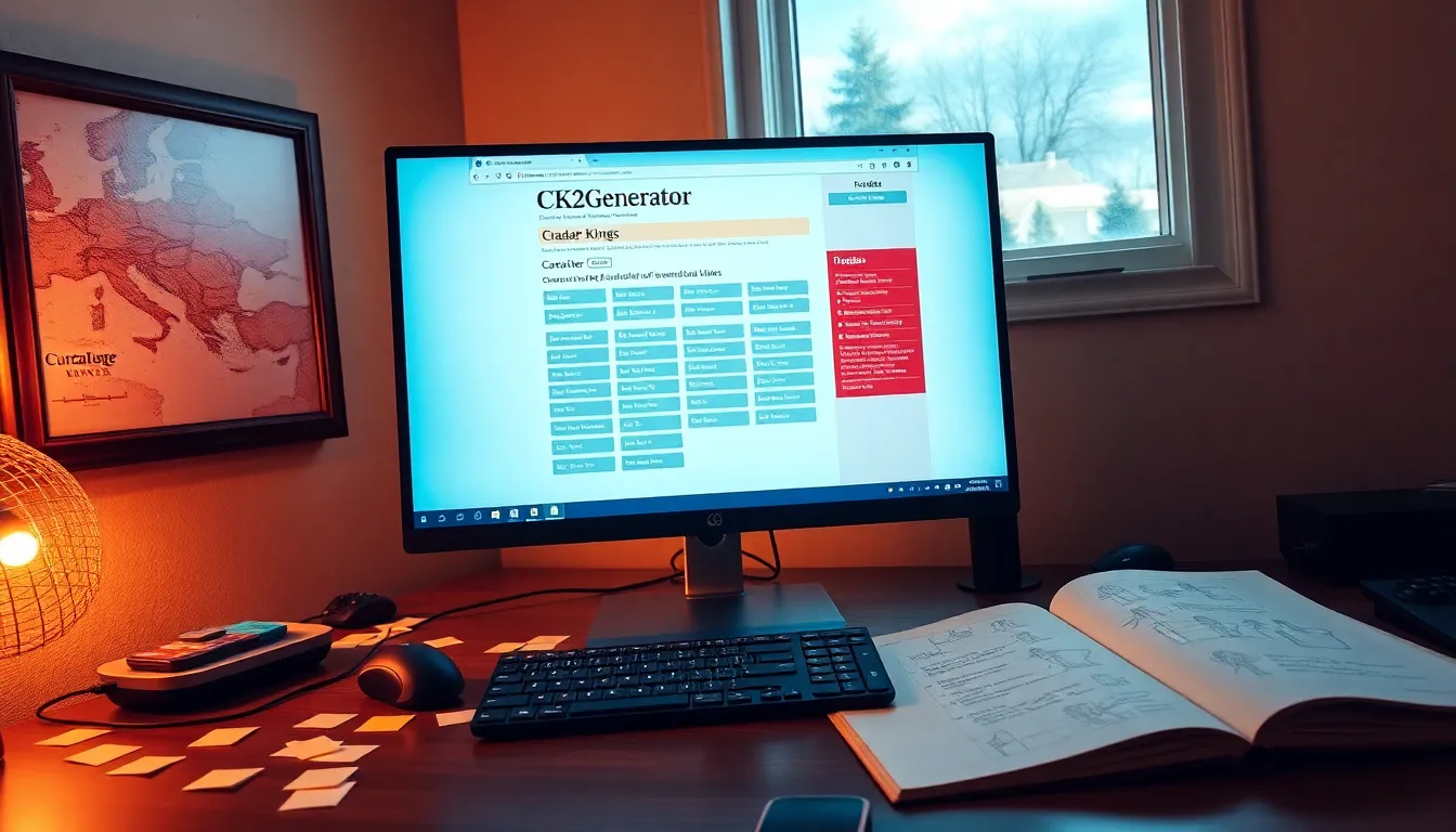 a computer screen displaying the Ck2Generator website in a cozy office.