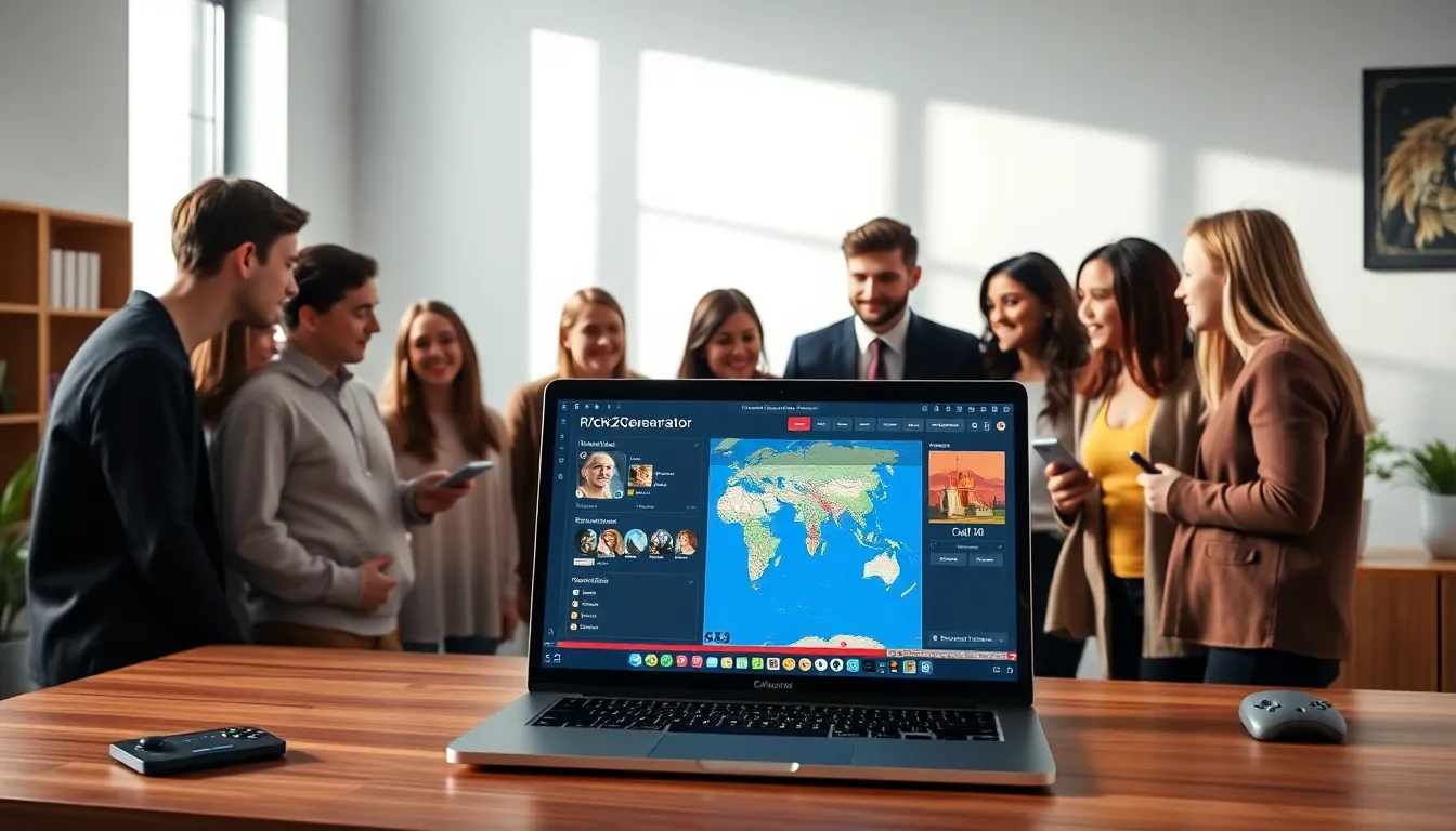 diverse gamers collaborating on a character creation tool in a modern workspace.
