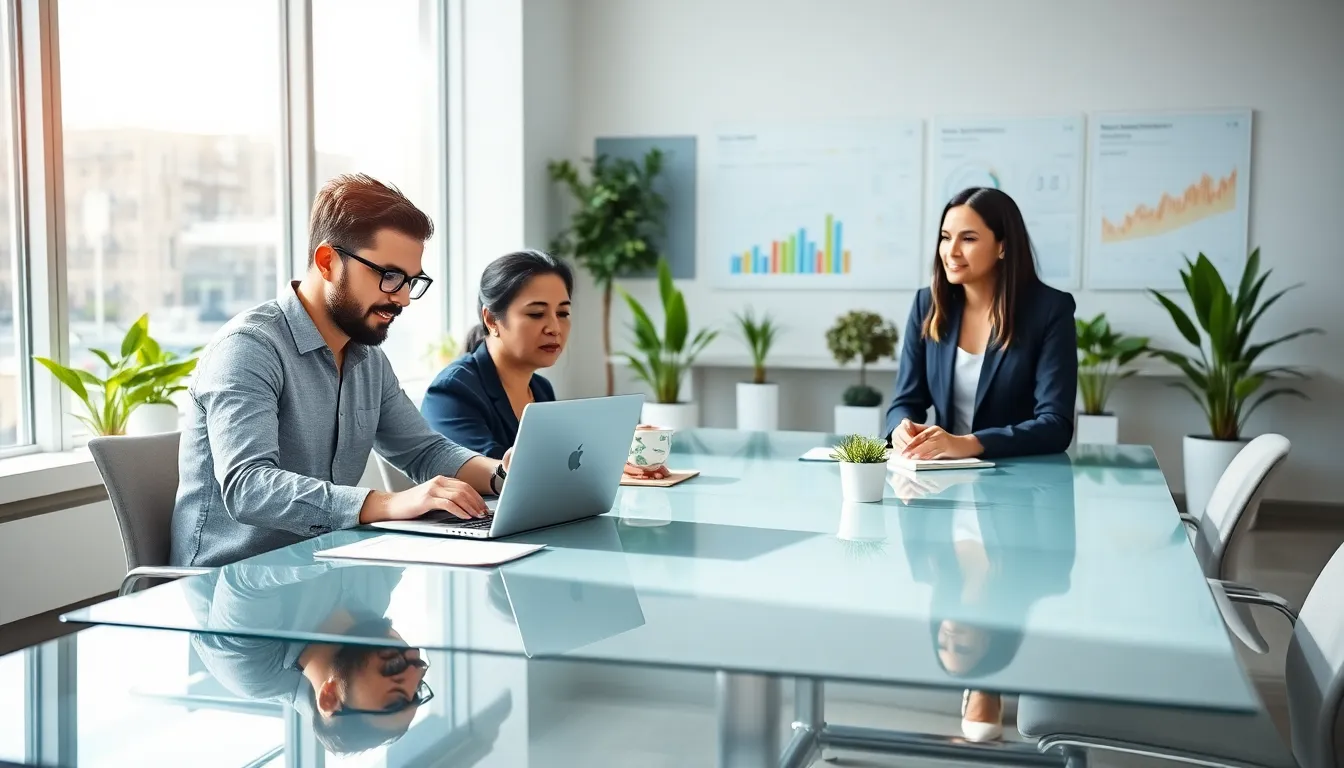 diverse professionals collaborating in a modern workspace.