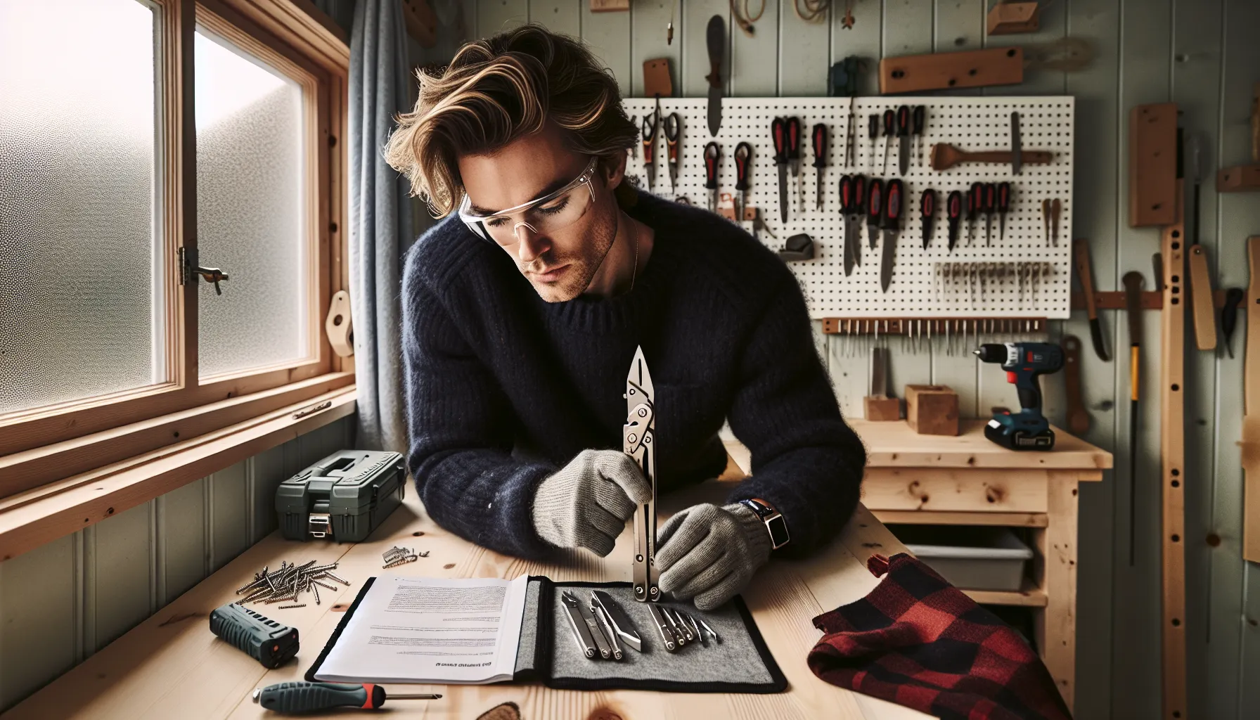 Norwegian diyer safely inspecting a folding multitool in a tidy workshop.