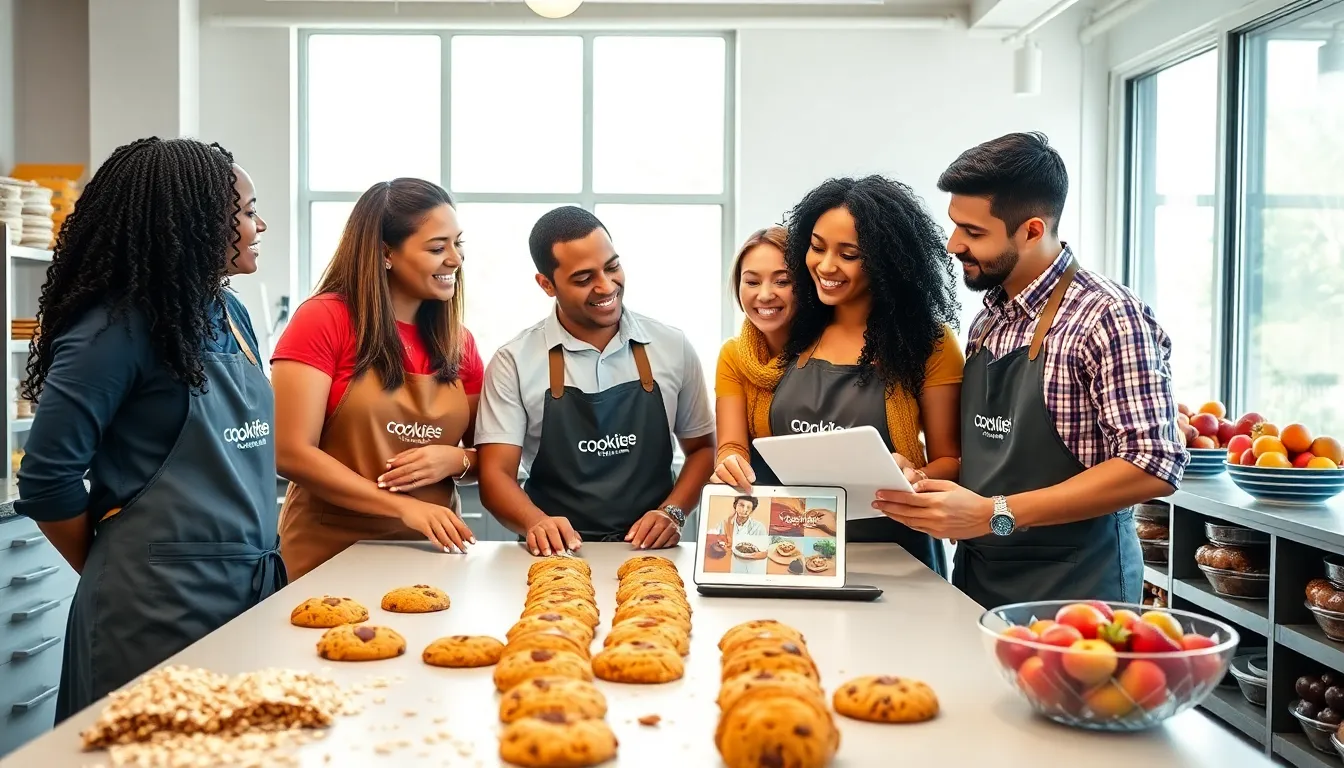 diverse group collaborating in a bright bakery setting with healthy cookies.