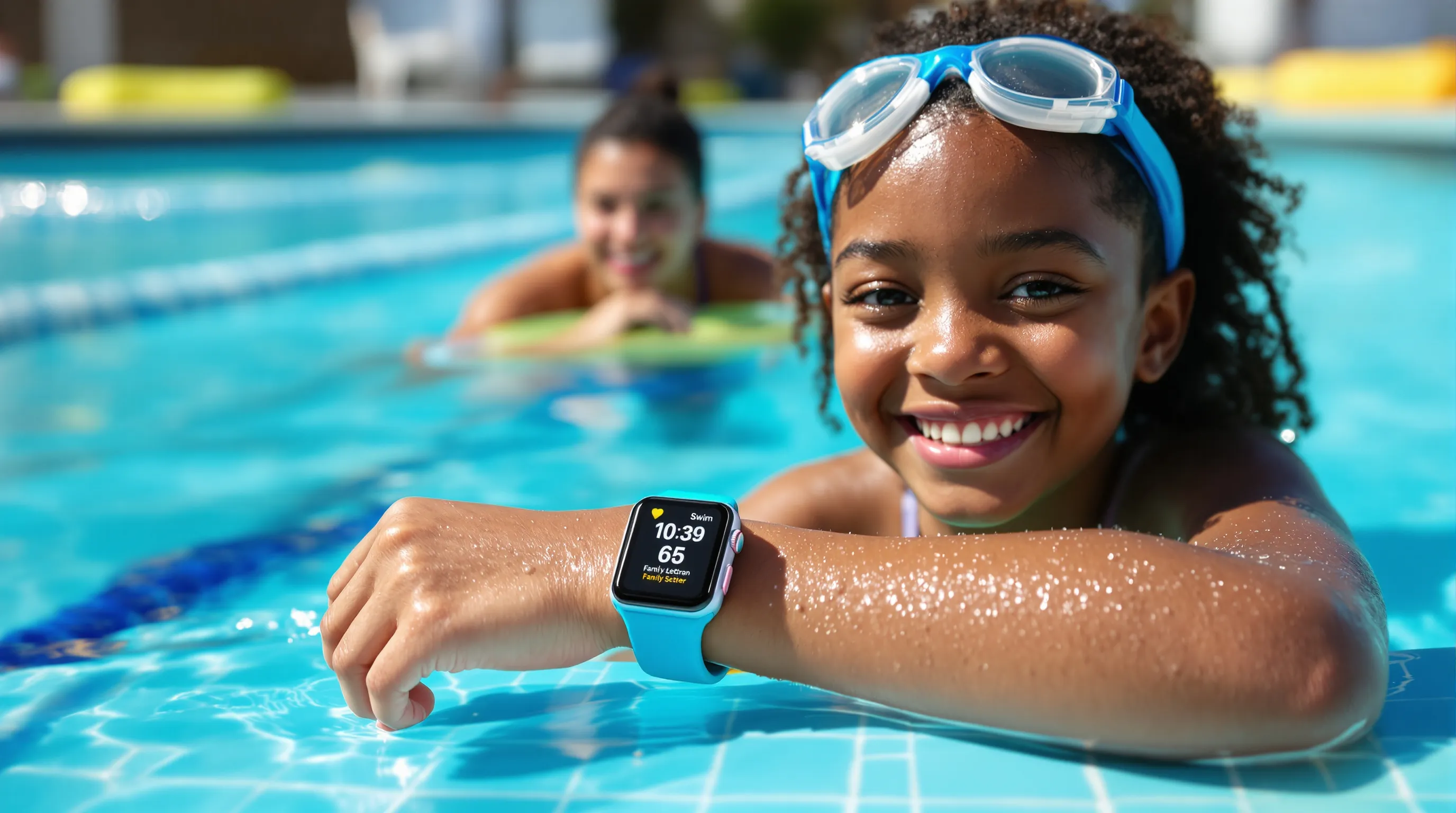 Child wearing waterproof kids smartwatch at pool, parent monitoring via iPhone.