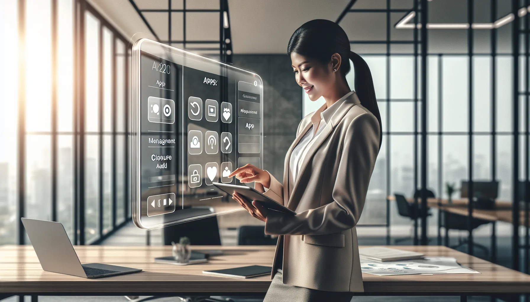 Professional using a tablet to showcase the Appcloseadd interface.