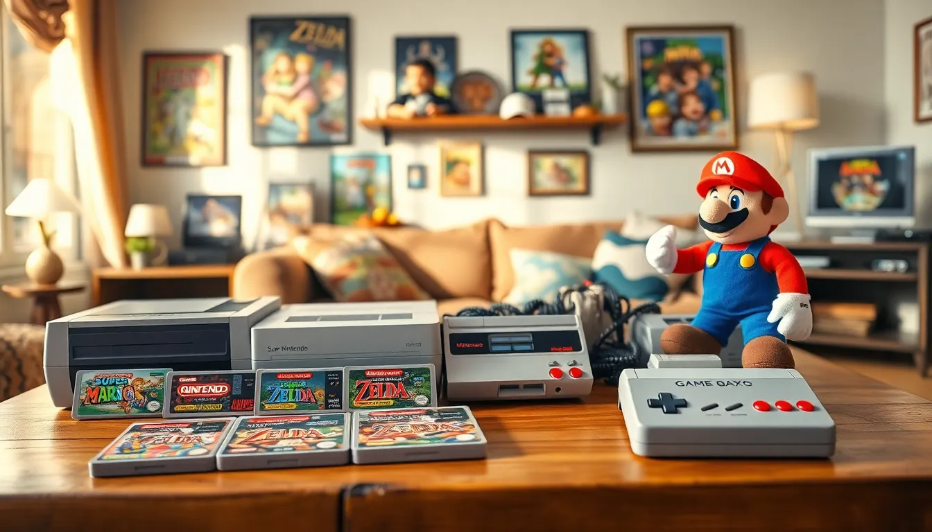 a nostalgic collection of classic Nintendo games and consoles on a wooden table.