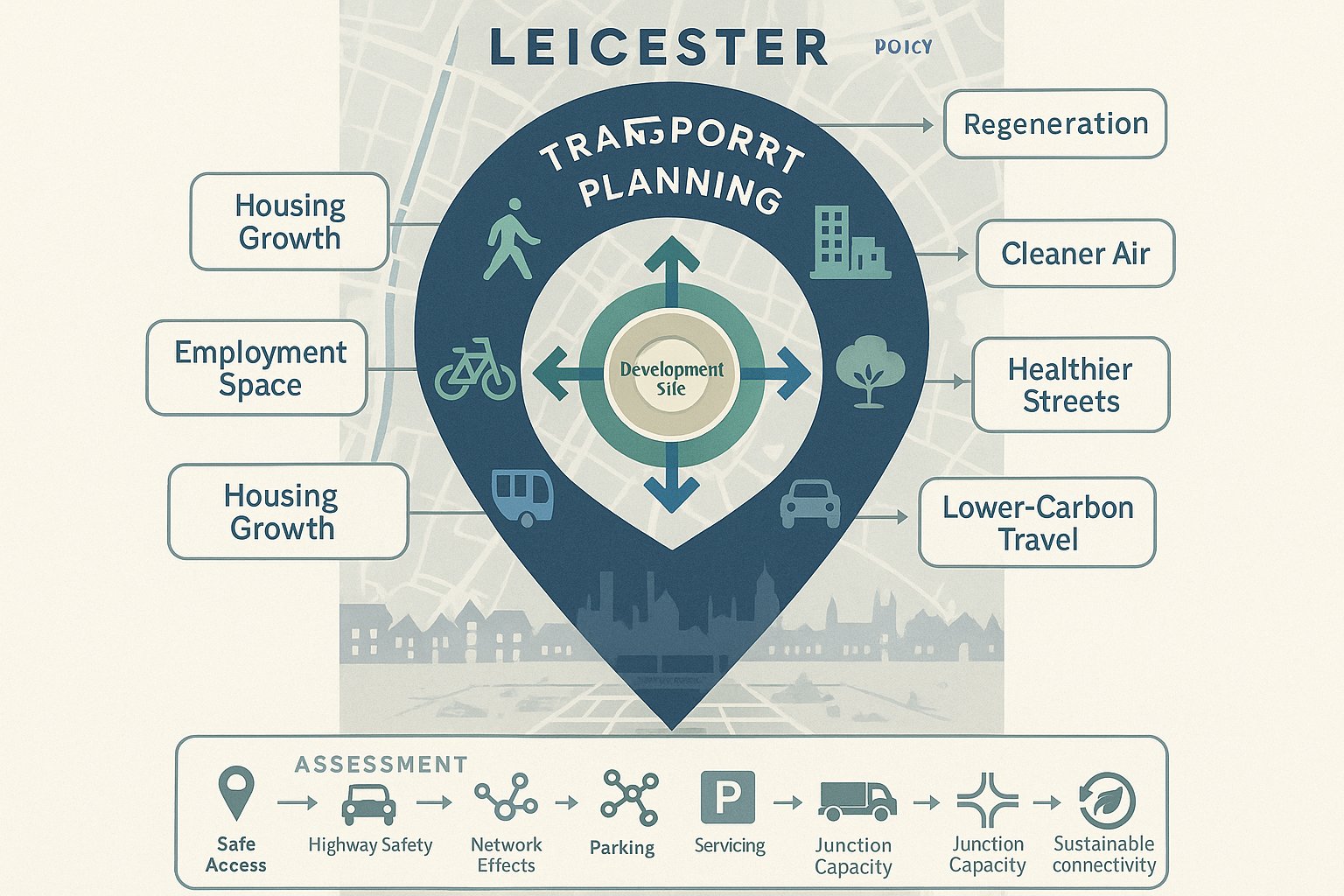 Infographic showing Leicester transport planning linking development, access, safety, and sustainable travel.