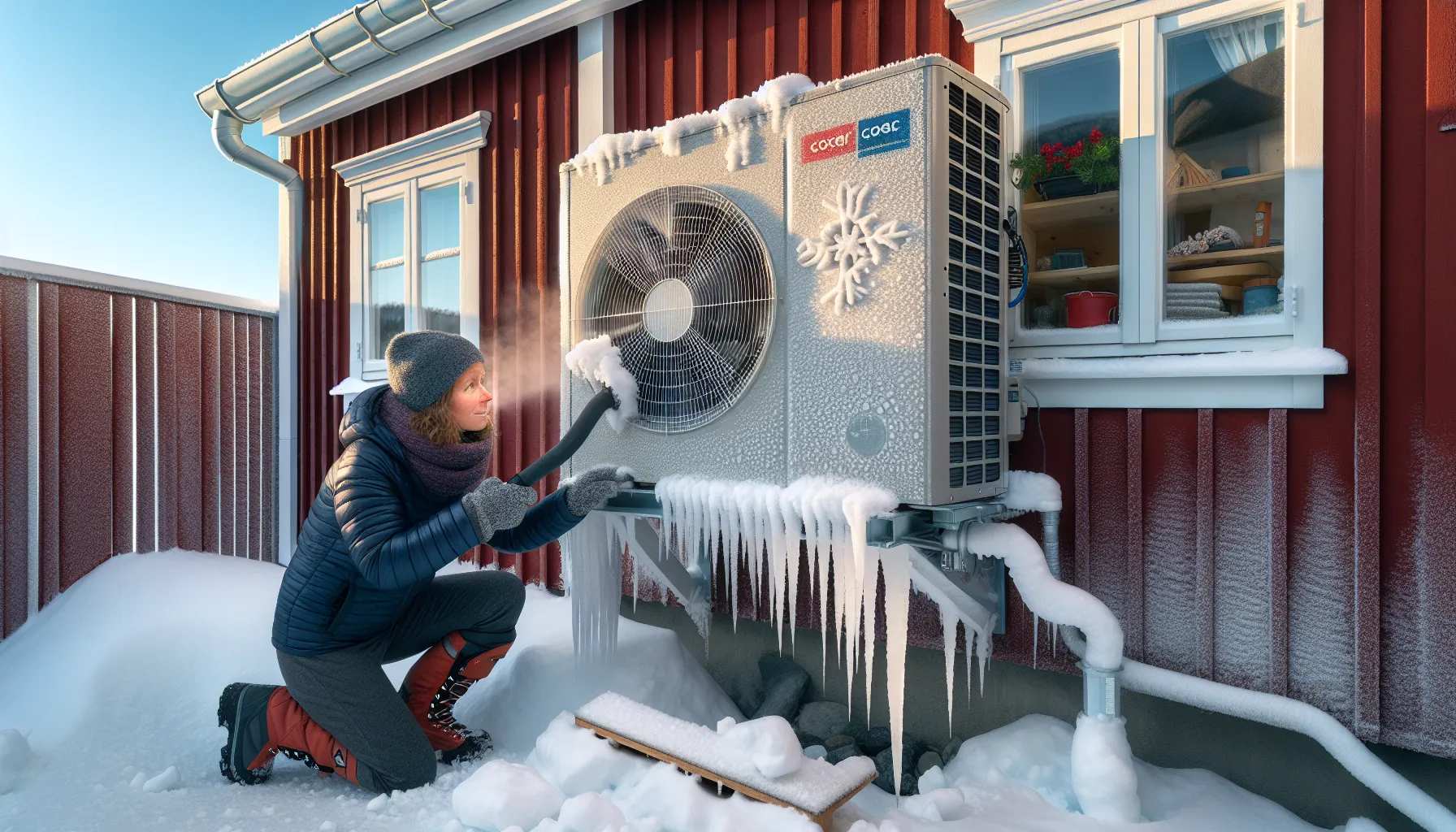 Norwegian homeowner clears snow from a heat pump outdoor unit in winter.
