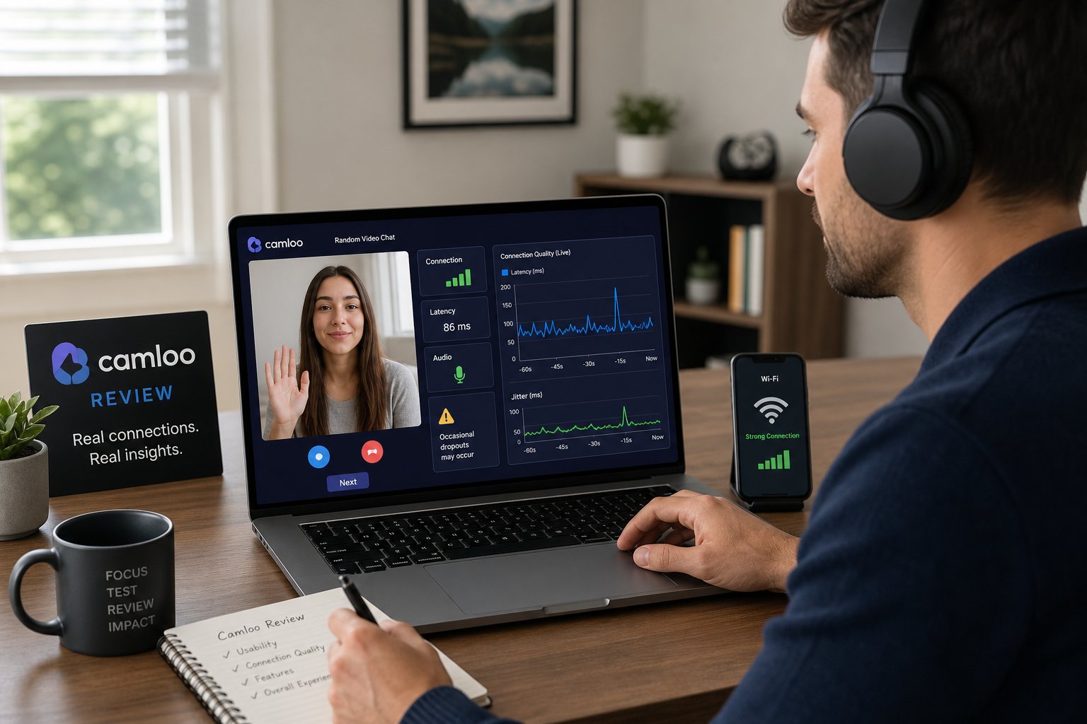 Reviewer wearing headphones tests Camloo video chat stability on a laptop.