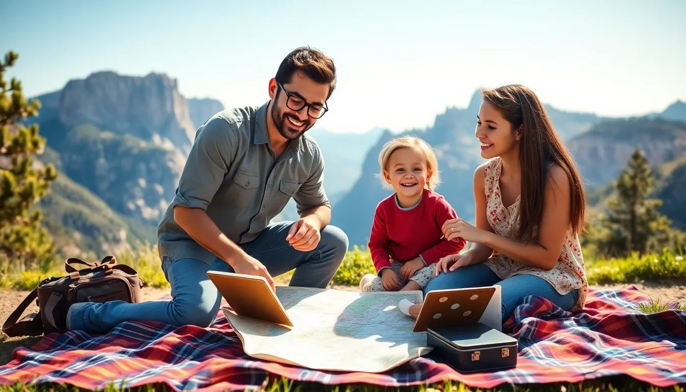 family enjoying outdoor adventure together in a national park.