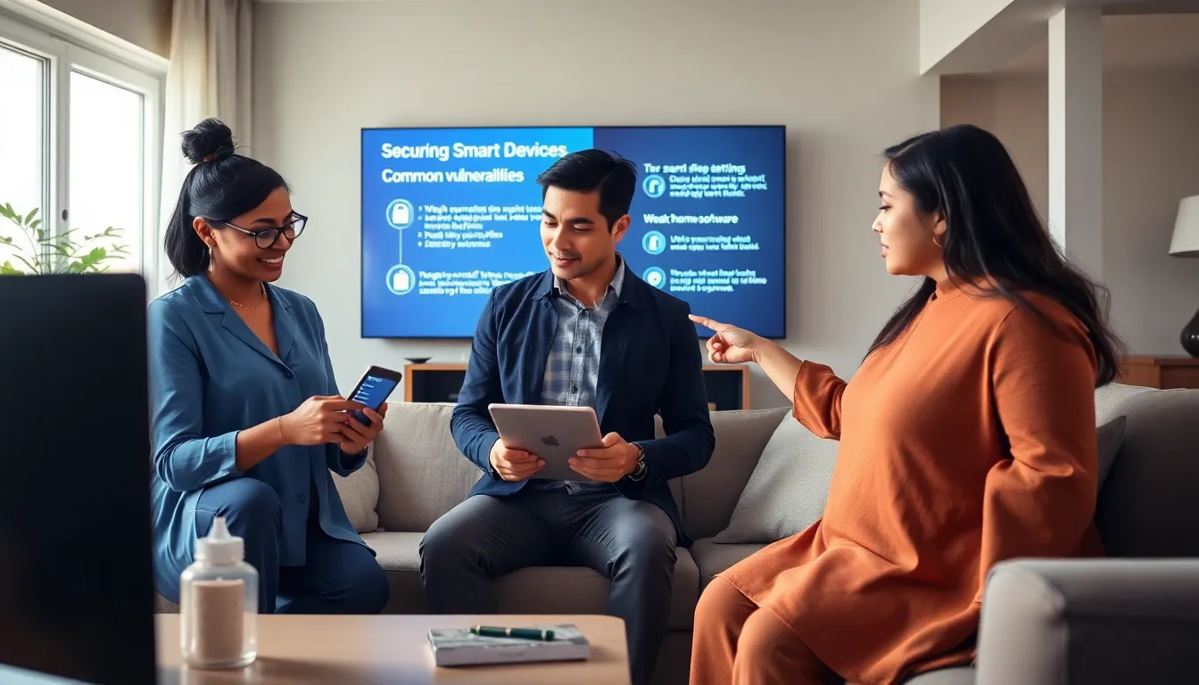 professionals discussing smart home security risks in a modern living room.