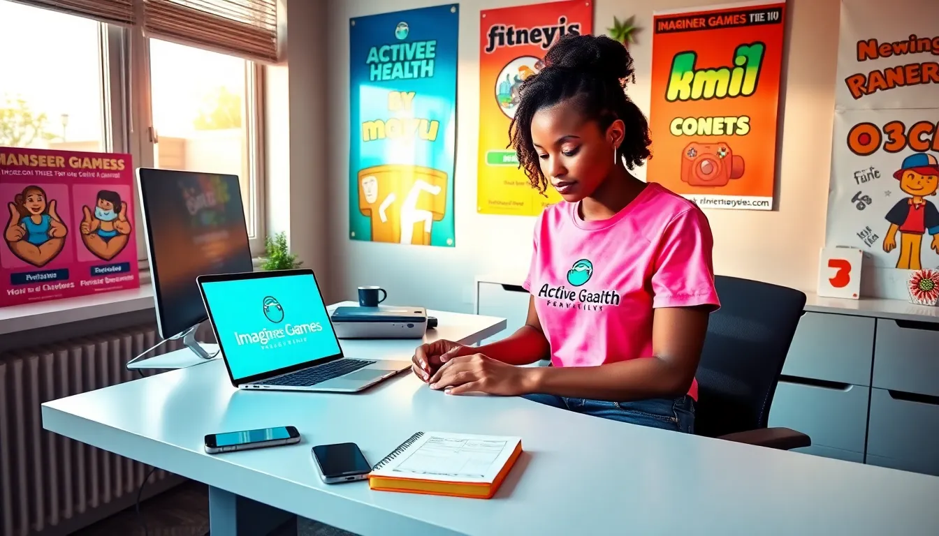 A woman at her desk engaged in game development and community communication.